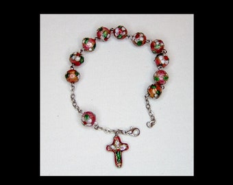 Wedding cake bracelet - watermelon floral Venetian beads - 8" to 8.5" - with cross - enamelled flower jewelry