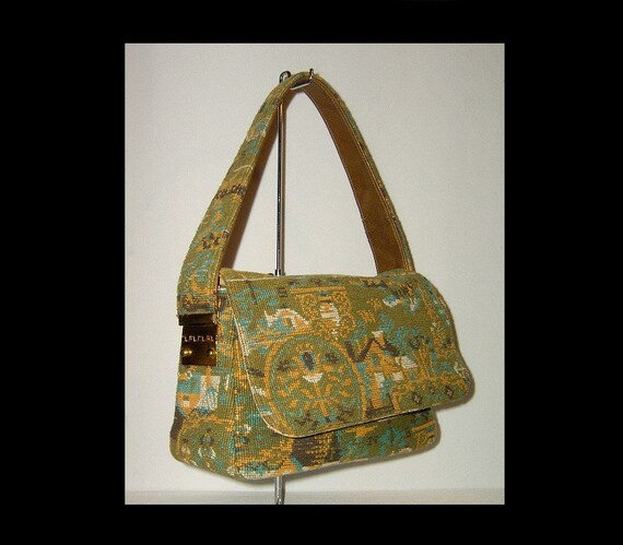 1960s tapestry handbag ~ abstract ~ scenic with h… - image 8