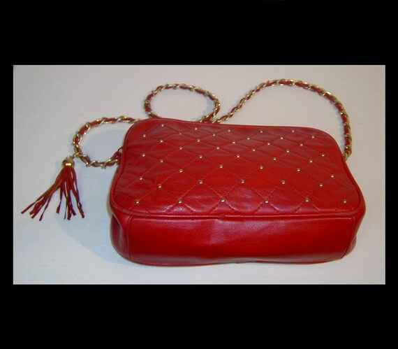 Lipstick red quilted leather purse with tassel - … - image 6