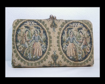 Victorian courting couple tapestry wallet change purse ~ kiss lock ~ sparkly with gold lurex