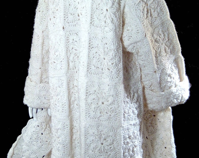 Vintage Snow White Wool Coat Crochet Granny Square Sweater - Etsy