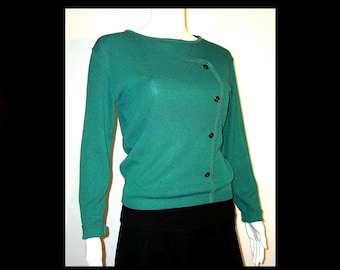M/L ~ 1960s forest green bombshell sweater, pin up knit pullover top, as new French knit