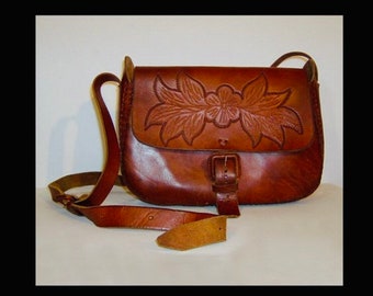 Hand tooled leather bag - large chestnut floral purse - flap messenger cross body - Mexican whipstitched satchel