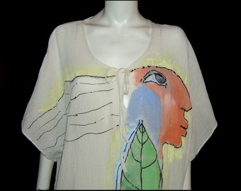 One size - cotton gauze caftan - hand painted portrait - Picasso style - signed Abby - unusual flowy dress - avant garde Indian painting