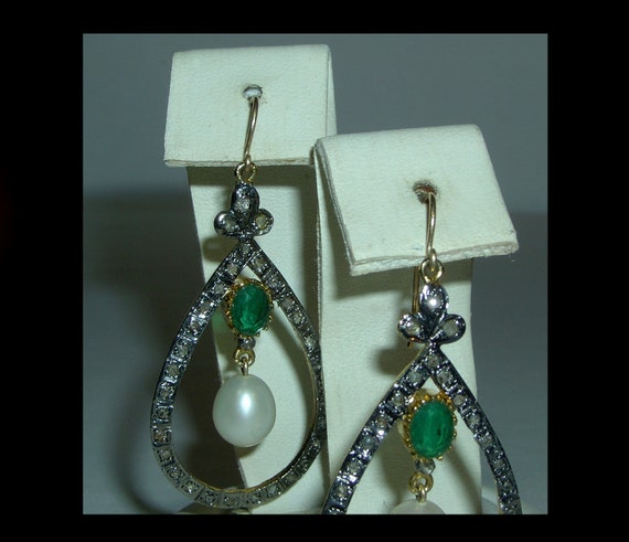 Large mine cut diamond halo earrings with faux em… - image 8
