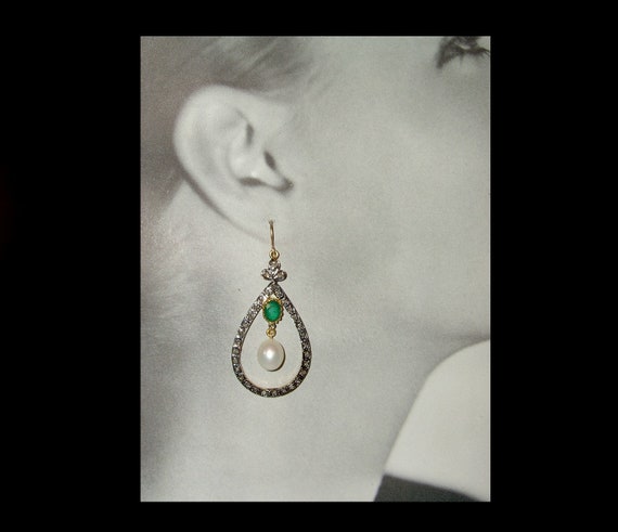 Large mine cut diamond halo earrings with faux em… - image 2