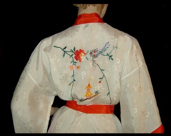 M/L - floral rayon kimono robe, hand embroidered with orange satin, Oriental dressing gown housecoat, Japan