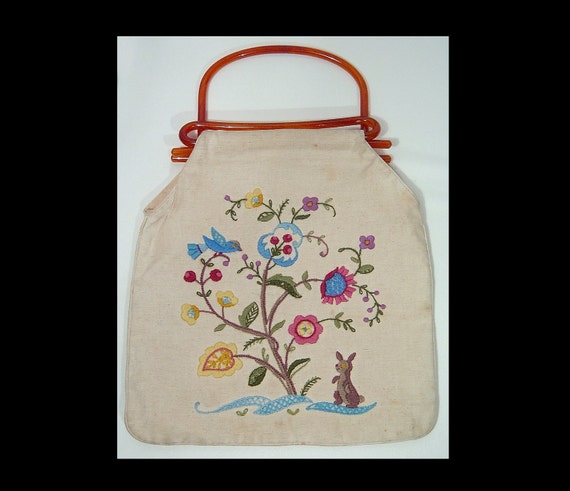 1940s cream fabric embroidered bag ~ tested root b