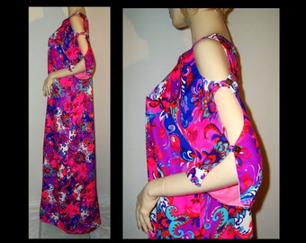 Large XL - psychedelic pake muu maxi dress - cold shoulder cut out sleeve - colourful bright volup