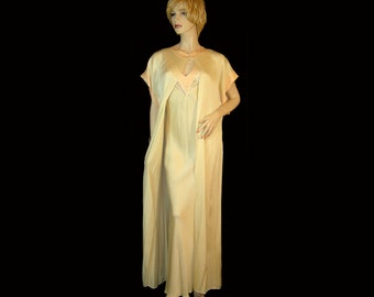 Small Medium 40 ~ Christian Dior cream & peach silk peignoir set ~ with lace ~ nightgown robe 1930s style ~ Made in France