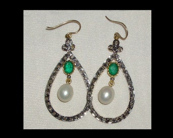 Large mine cut diamond halo earrings with faux emerald and genuine pearls - Victorian gold gilt