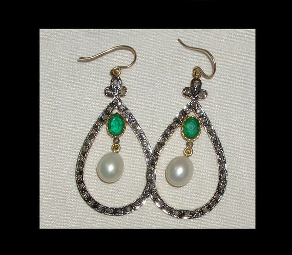 Large mine cut diamond halo earrings with faux em… - image 1