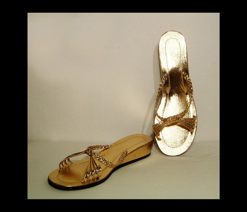 Size 7 ~ 1960s yellow gold wedge heel sandals slides ~ strappy low heel sparkly mules shoes ~ shiny bright metallic ~ vegan~ 7.5 Size 7 ~ 1960s yellow gold wedge heel sandals slides ~ strappy low heel sparkly mules shoes ~ shiny bright metallic ~ vegan~ 7.5