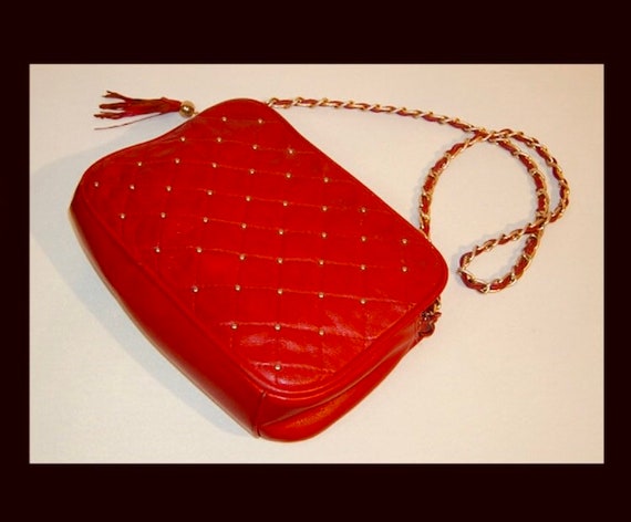 Lipstick red quilted leather purse with tassel - … - image 1