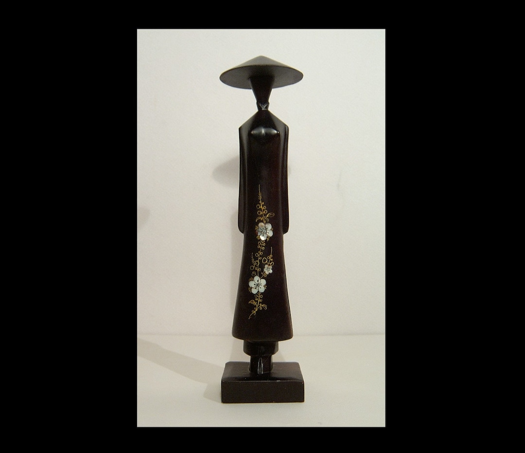 Carved Wood Oriental Woman Figurine Gold Painted Mother of Pearl Flowers Inlay Asian Figural