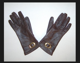 7.5 - dark chocolate brown leather gloves, gold buckle, lined