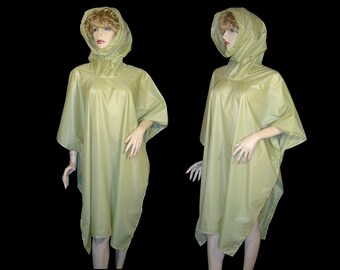 One size - satin cloak - huge cowl collar hood - Made in Taiwan ~ sage green nylon poncho raincoat with carry bag