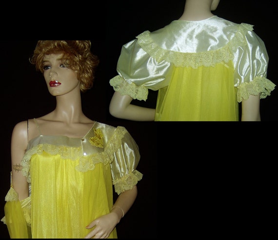 70s canary yellow nylon chiffon peignoir Medium ~