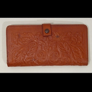 Tooled leather wallet ~ coin purse bi-fold organizer w mirror ~  Mexican billfold ~ Made in Mexico - as is