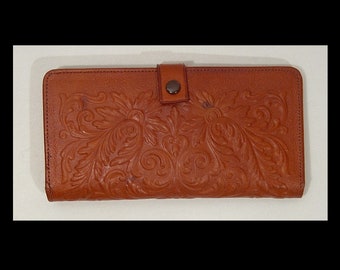 Tooled leather wallet ~ coin purse bi-fold organizer w mirror ~  Mexican billfold ~ Made in Mexico - as is