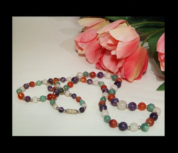 Gemstone necklace - graduated colourful jade, car… - image 3