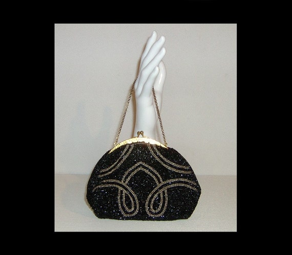 1930s glass micro beaded bag - black and silver s… - image 1