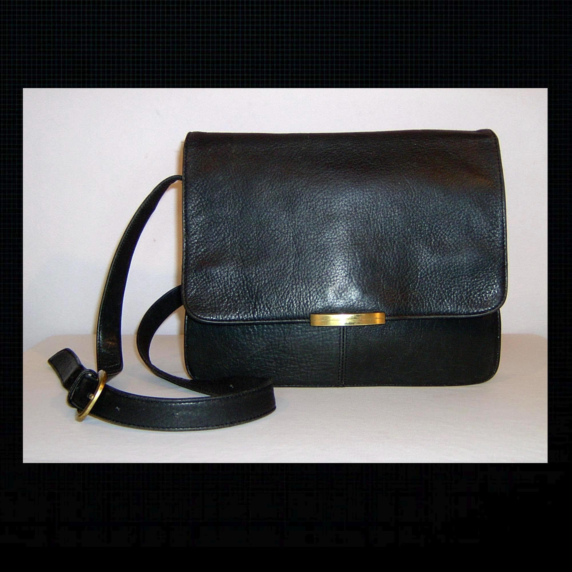 Leather Messenger Flap Bag, Thick Black Top Grain Satchel, Vintage