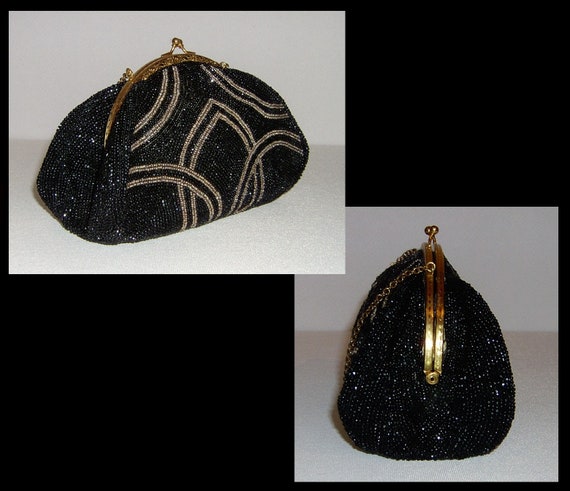 1930s glass micro beaded bag - black and silver s… - image 3