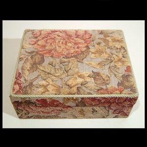 Tapestry jewelry box ~ with peach satin ~ vanity trinket storage case ~ large dusky rose peach floral fabric