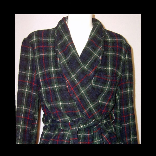 1950s 1960s navy blue green tartan pure wool flannel robe ~ Small Medium ~ with red white stripe ~ shawl collar ~ Amcrest Made in England