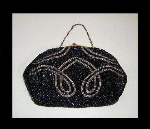 1930s glass micro beaded bag - black and silver s… - image 2