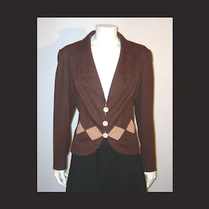 M - wool jacket w crepe gold diamond inserts - 1940s chocolate brown curvy blazer - medium large - chest 41