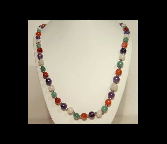 Gemstone necklace - graduated colourful jade, car… - image 2
