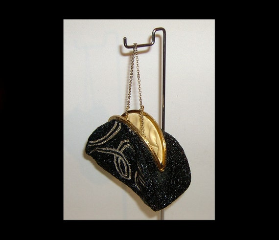 1930s glass micro beaded bag - black and silver s… - image 6