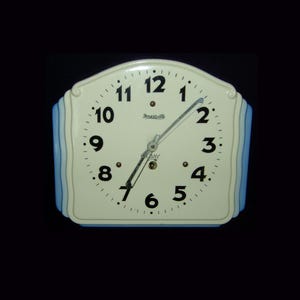Ceramic wall clock - working wind up 8 day - Forestville Canada - blue white stepped