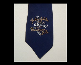 1930s dark navy silk necktie ~ Vancouver British Columbia Golden Jubilee souvenir ~ 1936 hand painted cravat ~ Made in Canada