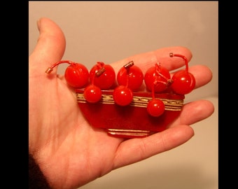 1930s lipstick red bakelite cherries brooch - large pin for coat hat sweater