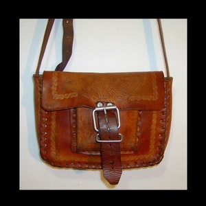 Tooled leather bag - 2 tone Mexican Aztec purse - flap messenger cross body - whip stitched