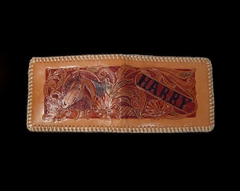 3 tone brown tooled leather wallet ~ caramel butterscotch chocolate w cream whipstitching ~ Mexican bi-fold ~ horse and HARRY monogram