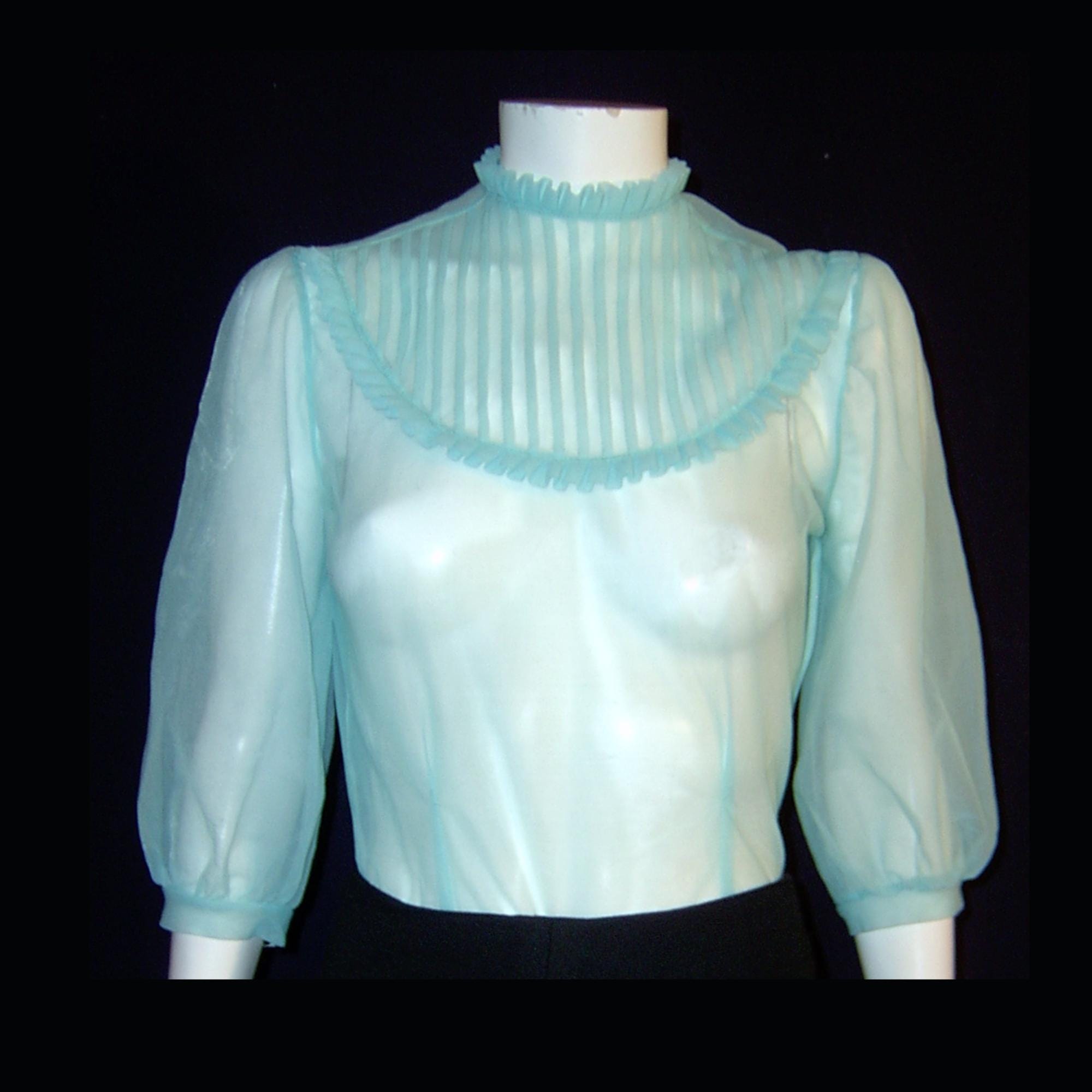 XS Small - 1950s back button blouse - pintucked - Victorian Edwardian style - baby blue sheer nylon chiffon - bust 35