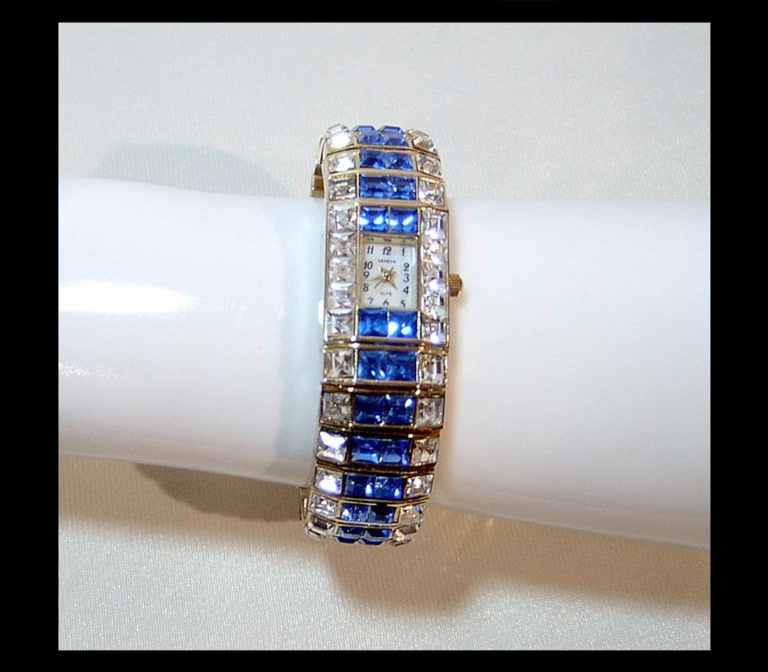 Geneva Elite Rhinestone Cuff Watch – Blue and Clear, Japan  display picture 1