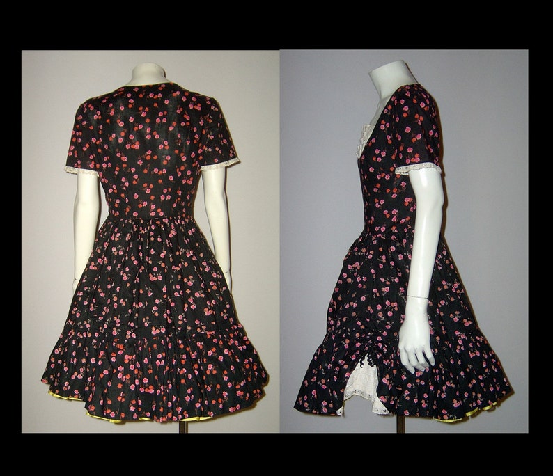 XS Small ~ jet black pink cotton rosebud print dress with white lace godet inserts ~ hem ruffle ~ 1950s 1960s ~ floral party frock home made