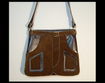 1960s 2 tone brown leather shoulder bag ~ suede pants novelty purse w belt and pockets ~ Made in Japan