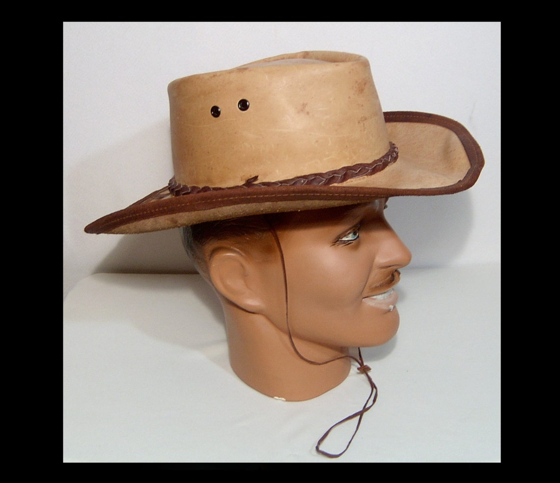 Australian Jackaroo Tan Leather Hat Dark Brown Braided Trim Etsy