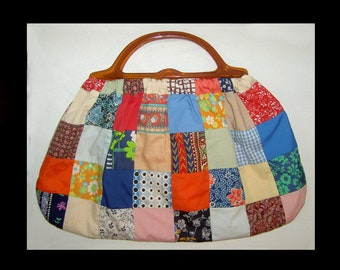 1970s patchwork purse - large colourful cotton tote - with pink gingham lining - vintage beach summer bag