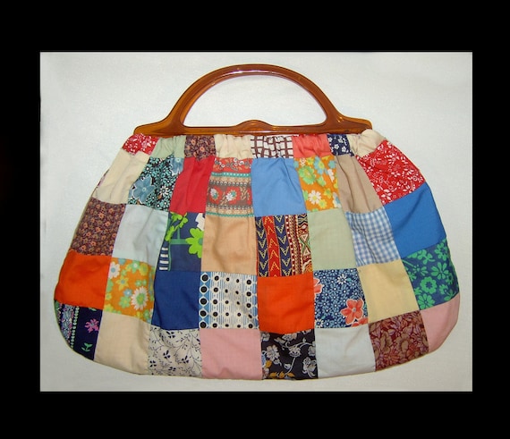1970s patchwork purse - large colourful cotton to… - image 1