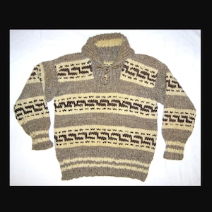 L/XL - genuine Cowichan sweater - hand knit in the round wool pullover with leather and beads - vintage - extra large - cream grey brown