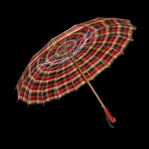 1940s plaid umbrella - check satin autumnal fabric - wood rod and bakelite handle with insets - tartan sateen