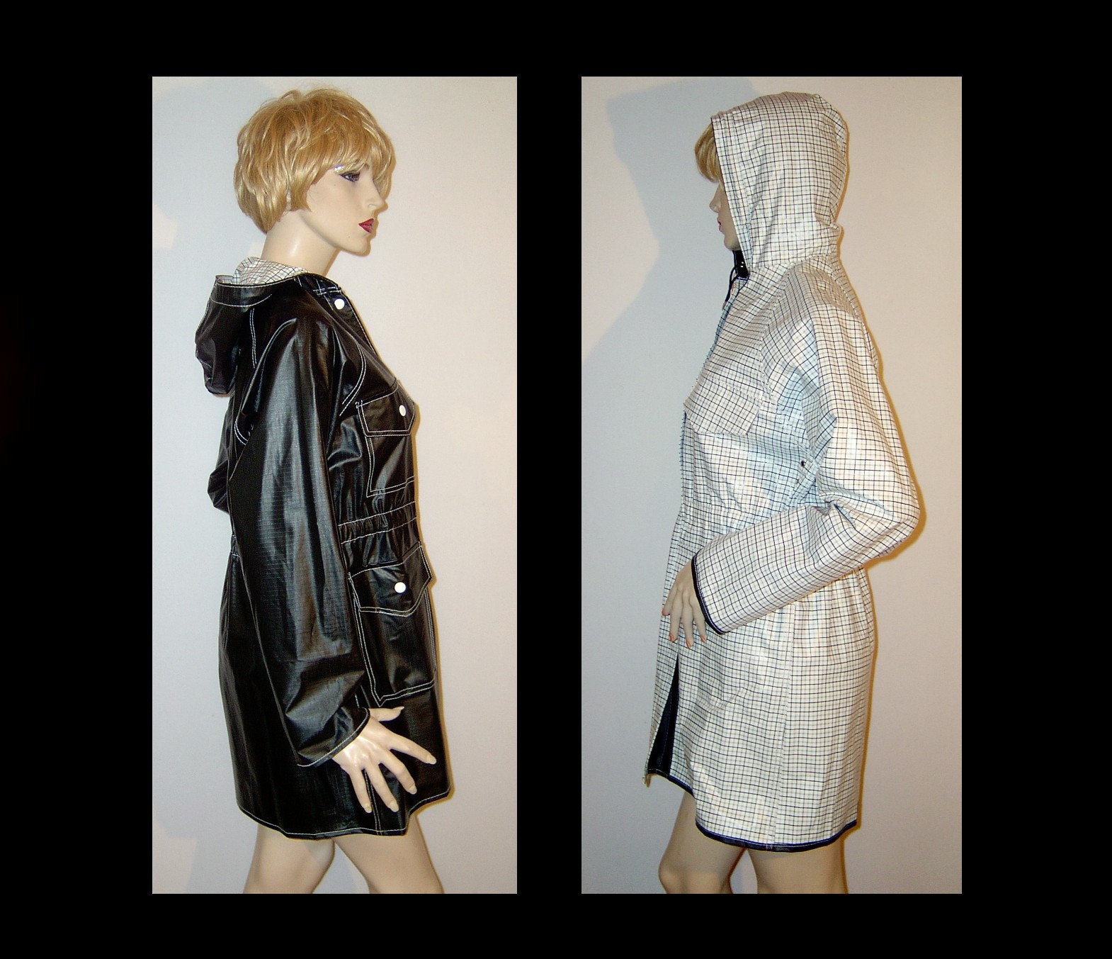 Medium Black & White Reversible Check Vinyl Raincoat Hood Shiny