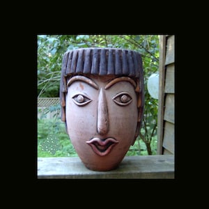 1960s Mexican folk art planter - terracotta woman man head sculpture - indoor outdoor - avant garde pottery - unusual vintage garden decor